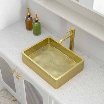 Logmey 16" Gold Shallow Bathroom Vessel Sink 16x12 Small Handmade 16 Gauge Stainless Steel Above Counter 4" Deep RV Bathroom Sink Rectangle Vessel Sinks with Pop up Drain Set
