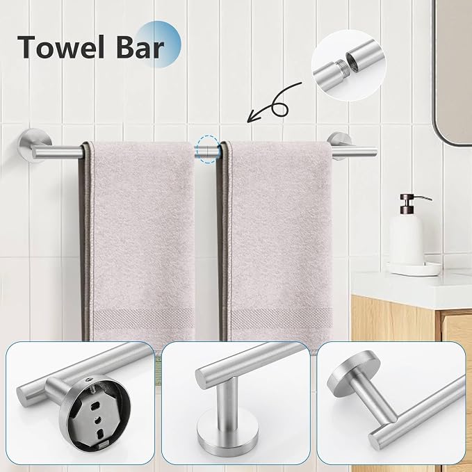Brushed Nickel 5 Pieces Towel Bar Set Bathroom Hardware Set Upgraded Towel Hooks,Towel Holder Set for Bathroom Stainless Steel Wall Mounted 23.6 Inch