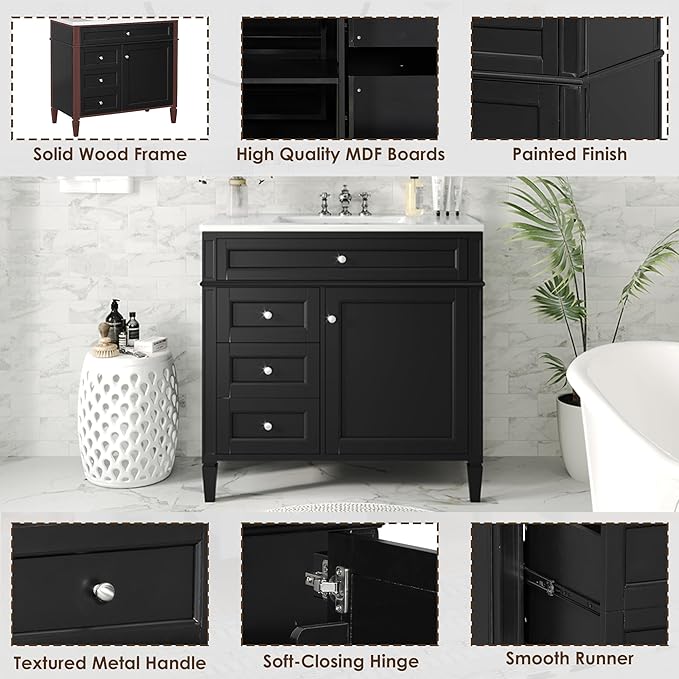 Merax 36 Inch Bathroom Vanity with Top Sink, Modern Bathroom Storage Cabinet with 2 Drawers and a Tip-Out Drawer, Solid Wood Frame Single Sink Bath Vanities, Black