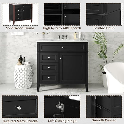 Merax 36 Inch Bathroom Vanity with Top Sink, Modern Bathroom Storage Cabinet with 2 Drawers and a Tip-Out Drawer, Solid Wood Frame Single Sink Bath Vanities, Black