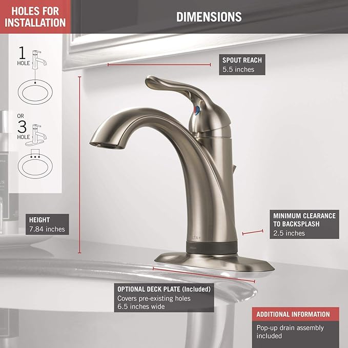 Delta Faucet Lahara Single Hole Bathroom Faucet with Touchless Technology, Brushed Nickel Bathroom Sink Faucet, Single Handle Bathroom Faucet, Bath Faucet, Push Pop-Up Drain, Stainless 538T-SS-DST