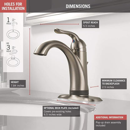 Delta Faucet Lahara Single Hole Bathroom Faucet with Touchless Technology, Brushed Nickel Bathroom Sink Faucet, Single Handle Bathroom Faucet, Bath Faucet, Push Pop-Up Drain, Stainless 538T-SS-DST