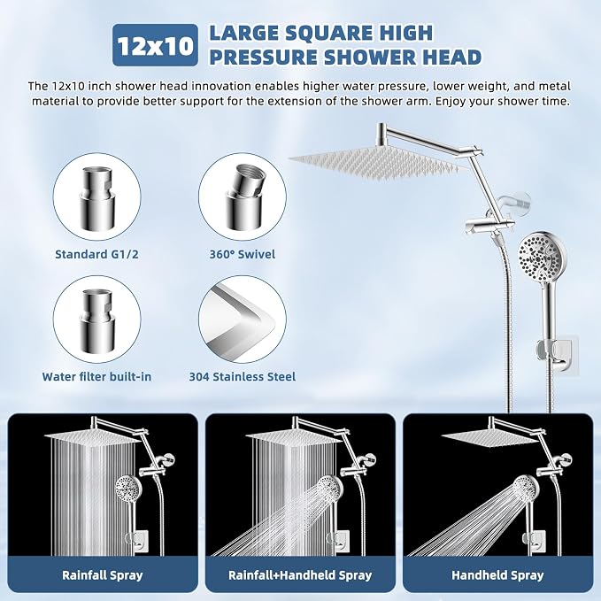 12" Metal Rain Shower Head with Handheld, High-Pressure Showerhead,10-Mode | Chrome, Rainfall Shower Head with 5" Large Handheld Spray, Adjustable 16" Shower Extension Arm/71" Hose, Brass 3-Way Diverter