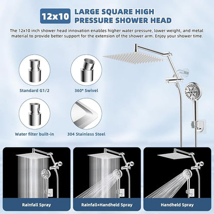 12" Metal Rain Shower Head with Handheld, High-Pressure Showerhead,10-Mode | Chrome, Rainfall Shower Head with 5" Large Handheld Spray, Adjustable 16" Shower Extension Arm/71" Hose, Brass 3-Way Diverter