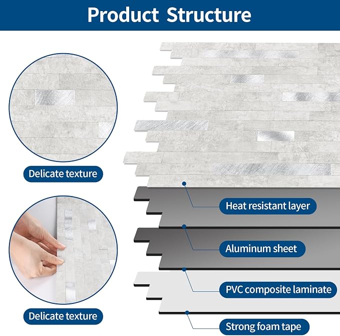 10 - Sheet Peel and Stick Backsplash Wall Tile, PVC Kitchen Backsplash, Stick on Tiles for Backsplash Kitchen (12'' X 12'', White Gray)