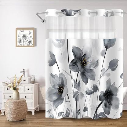 No Hook Shower Curtain and Liner Set, Black Boho Floral 71x84 | Watercolor Boho Flower, with Snap in Liner, Waterproof, Machine Washable, Quick-Drying, for Hotel Bathroom