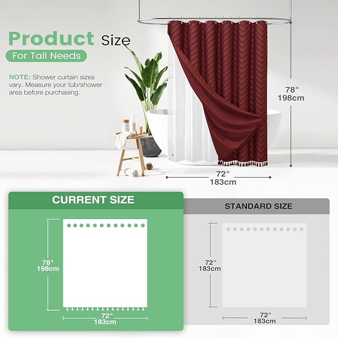 Dynamene Long Shower Curtain and Liner Set - 78 inch Tall Boho Shower Curtain and Waterproof Clear Liner, Tufted Chevron Striped Textured Tassel Shower Curtains for Bathroom, 12 Hooks, 72x78, Burgundy