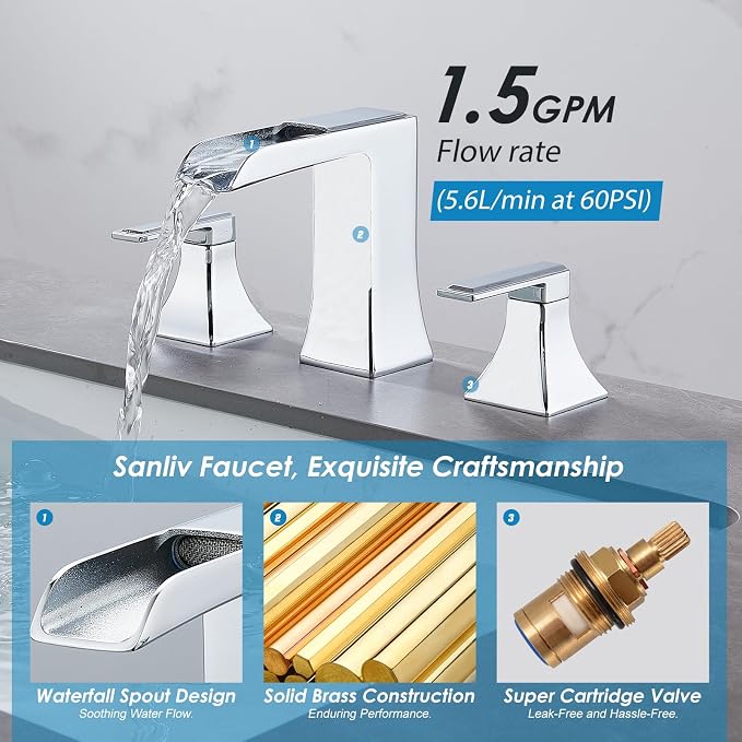 Chrome Waterfall Bathroom Faucet, Sanliv 2-Handle Widespread Bathroom Faucet for 3-Hole Sinks 4-8 inch, Modern 3 Piece Vanity Faucet with Pop-Up Drain Chrome