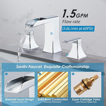 Chrome Waterfall Bathroom Faucet, Sanliv 2-Handle Widespread Bathroom Faucet for 3-Hole Sinks 4-8 inch, Modern 3 Piece Vanity Faucet with Pop-Up Drain Chrome