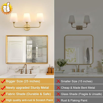 Bathroom Light Fixtures, 3-Light Brushed Gold Vanity Lights, 25" Bathroom Lighting Fixtures Over Mirror with White Flared Fabric Shade, Modern Wall Sconces for Bathroom Bedroom Living Room Hallway