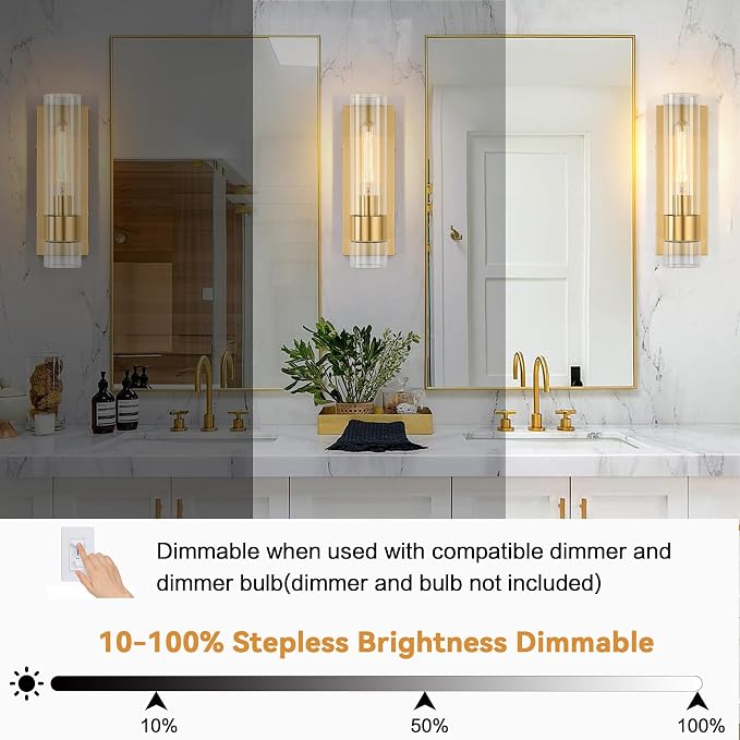 Gold Wall Sconces Set of 2, Modern Bathroom Sconces Wall Lighting Vanity Light Fixtures with Clear Glass, Bathroom Sconces Set of 2, Indoor Wall Sconce for Bathroom Living Room Bedroom