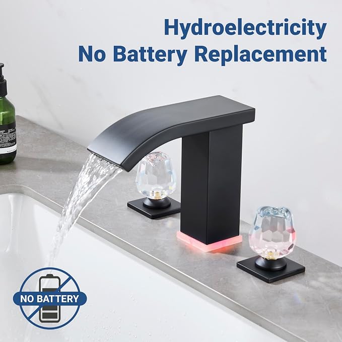 Bathroom Faucet 3 Hole, Matte Black Waterfall Bathroom Faucets, 8 Inch Widespread Modern Bathroom Sink Faucet & Parts, Wide Spread Touch On Three Hole 2 Handle Bathroom Vanity Faucet
