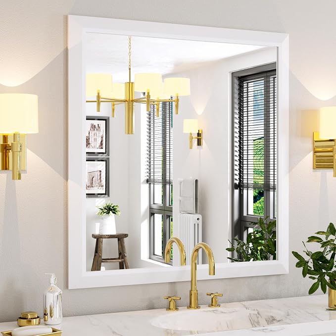 Bathroom Mirror for Wall, 40x38 Inch (White) | HD Reflection, Tempered Glass, Thick Metal Framed Rectangle Mirrors for Over Sink, Vanity, Bedroom, Living Room, Entryway