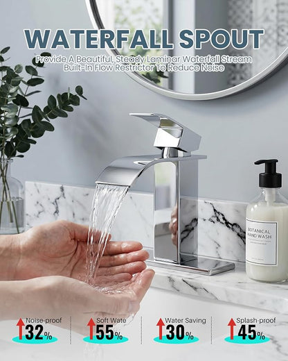 ARCORA Waterfall Bathroom Faucet Chrome: Modern Single Handle Bathroom Faucet for 1 or 3 Hole - Bathroom Sink Faucet with Pop Up Drain and Supply Lines
