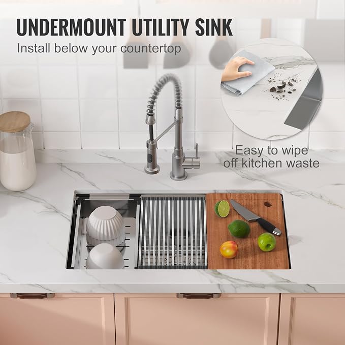 VEVOR 30 inch Kitchen Single Sink, 304 Stainless Steel Undermount Sink Drop-In Single Bowl Farmhouse Basin with Ledge & Multiple Accessories, Household Dishwasher Sinks for Prep Kitchen, Bar 30"*19"