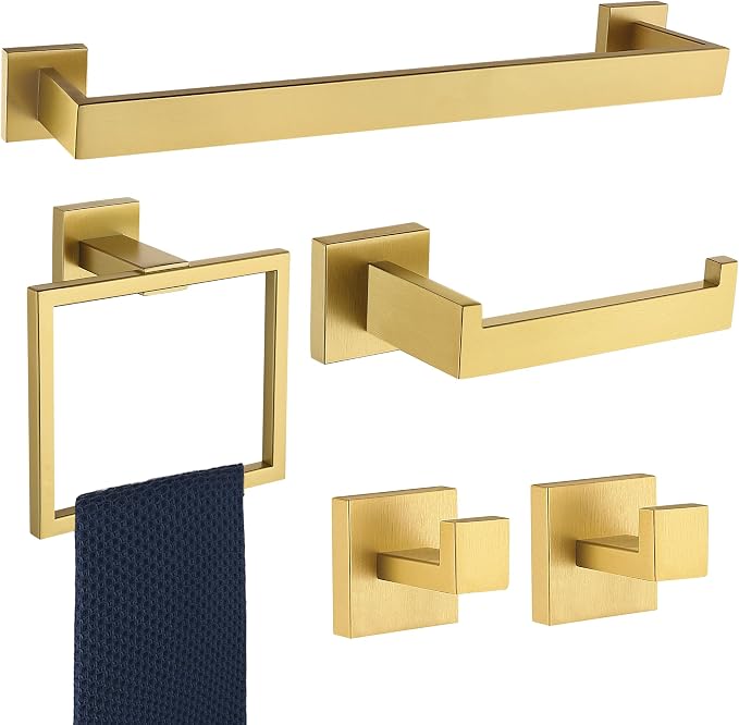 5 Pieces Bathroom Hardware Accessories Set Brushed Gold, 16Inch Bathroom Towel Rack Set SUS304 Stainless Steel, Square Bath Towel bar Set Heavy Duty, Wall Mounted