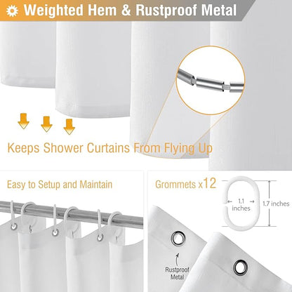 BTTN Extra Long Shower Curtain 72x96 inches, Tall Linen Textured Heavy Duty Fabric Shower Curtain Set with 12 Plastic Hooks, Large Classic Hotel Polyester Cloth Shower Curtains for Bathroom, White