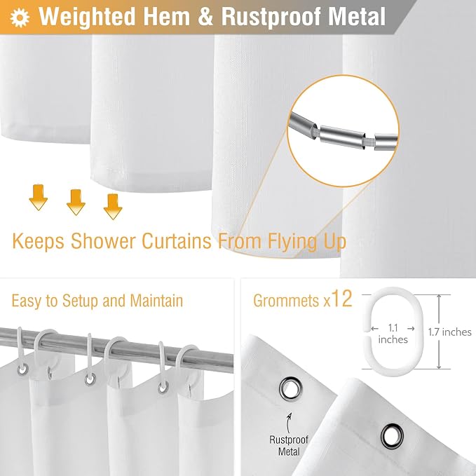 Long Linen Textured Waterproof Thick Shower Curtain Set, 72x84, White | Tall Size, 230GSM Polyester, Heavy Duty Cloth, Weighted Hem, 12 Plastic Hooks, Modern Luxury Hotel Style, Machine Washable