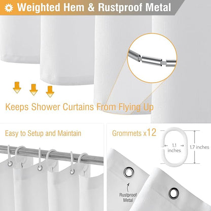 Long Linen Textured Waterproof Thick Shower Curtain Set, 72x84, White | Tall Size, 230GSM Polyester, Heavy Duty Cloth, Weighted Hem, 12 Plastic Hooks, Modern Luxury Hotel Style, Machine Washable