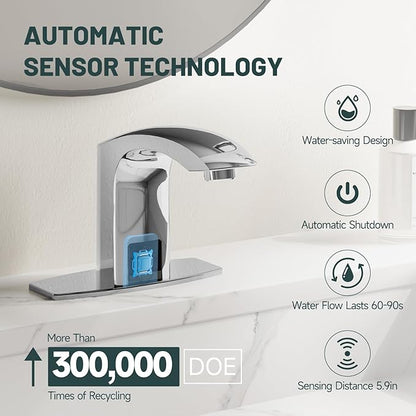 Touchless Bathroom Sink Faucet, Greenspring Automatic Sensor Faucet, Hands Free Vanity Faucets, Commercial Deck Mount Bathroom Faucet with Cover Plate, Chrome