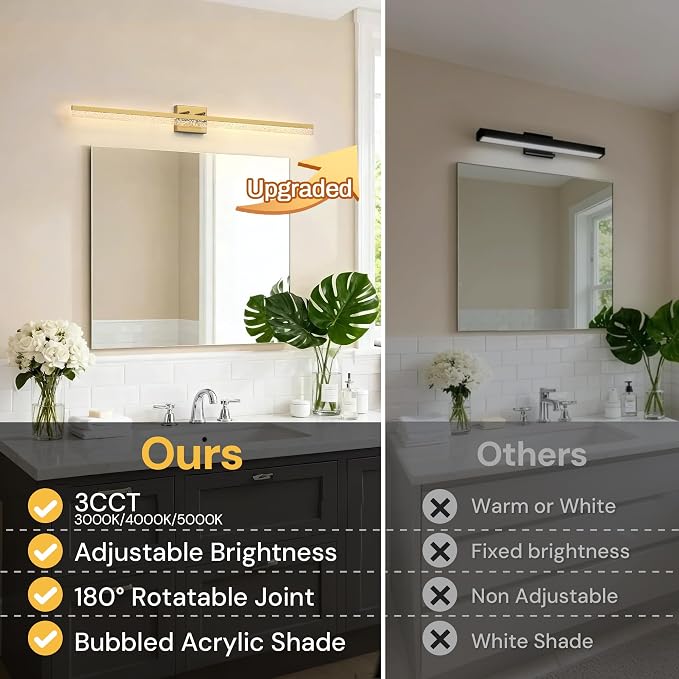 L LOHAS LED 48 Inch Gold Vanity Light Bar Over Mirror Acrylic Shade 3CCT | Modern Gold LED Bathroom Lighting With Bubbled Acrylic Shade, Adjustable Vanity Fixture for Mirror and Living Room Wall