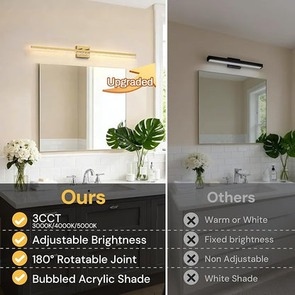 L LOHAS LED 48 Inch Gold Vanity Light Bar Over Mirror Acrylic Shade 3CCT | Modern Gold LED Bathroom Lighting With Bubbled Acrylic Shade, Adjustable Vanity Fixture for Mirror and Living Room Wall