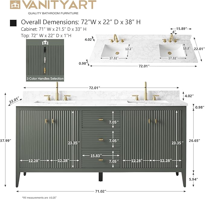 Vanity Art 72 inch Bathroom Vanity with Double Sink & Ceramic Top, Vanity Cabinet with Soft-Closing Door, Solid Wood Frame, Linear Pattern, Vintage Green, VA9172-DVG-MB,Matte Black Handles