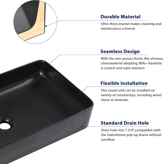 Sarlai Black Vessel Sink Rectangular - 24"x14" Modern Bathroom Vessel Sink Rectangle Above Counter Black Ceramic Porcelain Lavatory Vanity Sink Art Basin