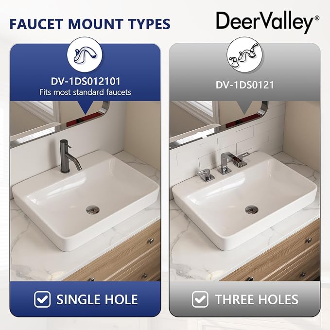 DeerValley 24x19 Inch White Rectangular Drop-In Bathroom Sink, Semi-Recessed Ceramic Vessel Sink with Overflow and Single Faucet Hole, Model DV-1DS012101