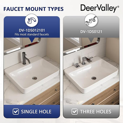 DeerValley 24x19 Inch White Rectangular Drop-In Bathroom Sink, Semi-Recessed Ceramic Vessel Sink with Overflow and Single Faucet Hole, Model DV-1DS012101