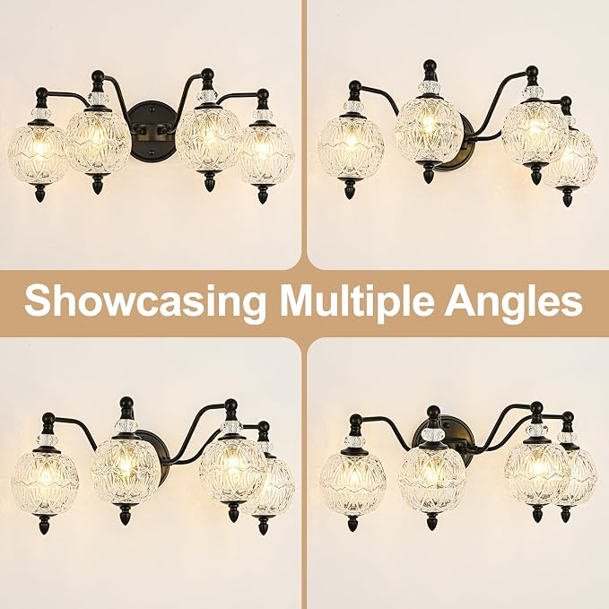 4-Light Matte Black Bathroom Vanity Light, Farmhouse Wall Sconce with Globe Glass Shades, Mid Century Retro Mirror Light for Bathroom, Powder Room