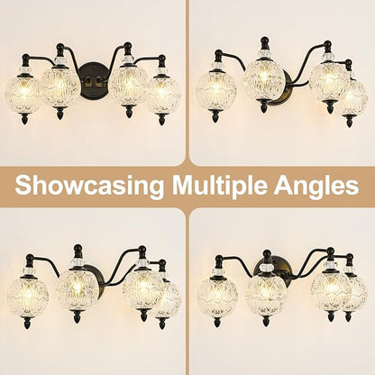 4-Light Matte Black Bathroom Vanity Light, Farmhouse Wall Sconce with Globe Glass Shades, Mid Century Retro Mirror Light for Bathroom, Powder Room