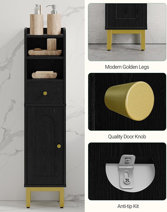 Bathroom Storage Cabinet, Corner Floor Cabinet with Drawers and Doors, Narrow Toilet Paper Holder, Bathroom Organizer with Adjustable Shelf, for Small Spaces, Black, BC19804GV1