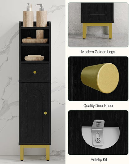 Bathroom Storage Cabinet, Corner Floor Cabinet with Drawers and Doors, Narrow Toilet Paper Holder, Bathroom Organizer with Adjustable Shelf, for Small Spaces, Black, BC19804GV1