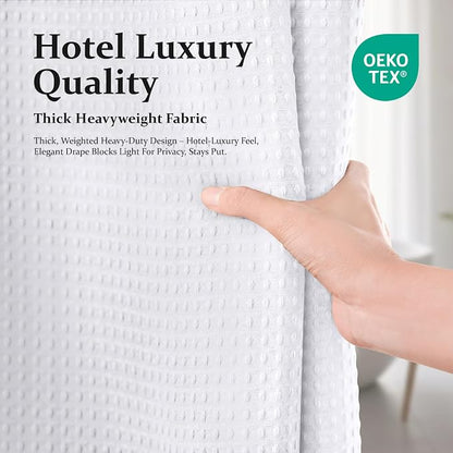 Extra Wide Waffle Shower Curtain 256 GSM Fabric 108x72 White | 108 Inch Wide, Thick Cloth, Weighted Hem, Water Repellent, Hotel Luxury Polyester Shower Curtain Set for Bathroom 18 Hooks