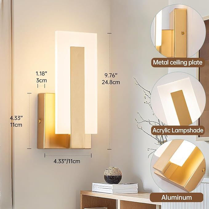 Modern Wall Sconces Set of 2, 3000K Warm White Wall Sconce, Acrylic Gold Wall Lamp, Hardwired Wall Mount Lighting Fixture for Hallway, Bedroom, Study, Living Room Indoor Wall Light