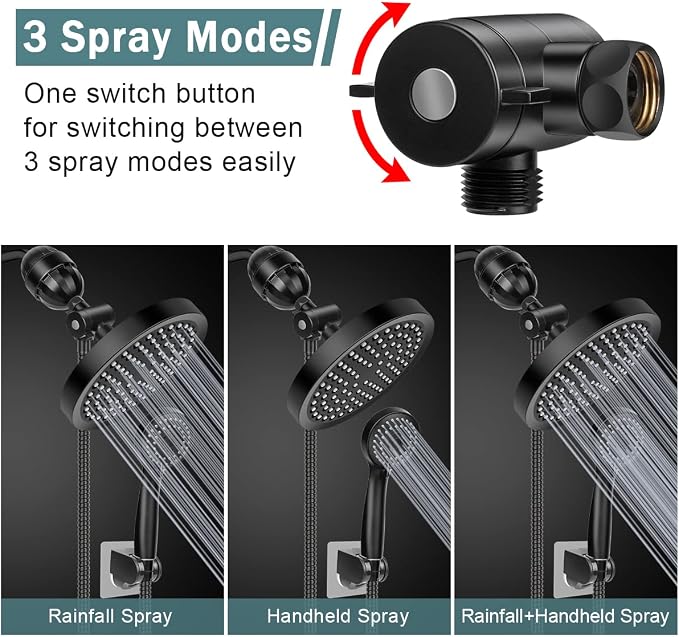 Filtered Shower Head with Handheld, High Pressure Rainfall Shower Head | Filter for Hard Water, Removes Chlorine & Impurities, 60'' Hose, Adjustable Holder, Chrome Finish (Black)