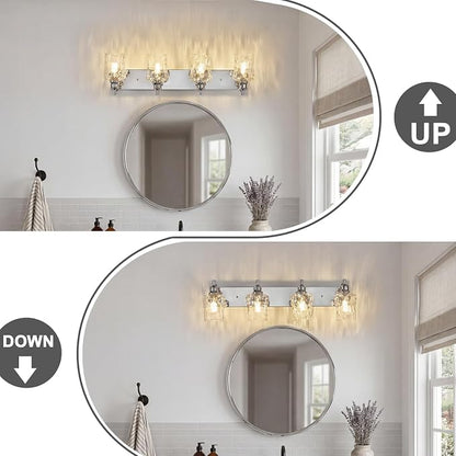 Bathroom Light Fixtures Farmhouse Chrome Vanity Lights for Bathroom Lighting Fixtures Over Mirror with Hammered Glass Lampshade for Cabinet Mirror Bedroom Hallway 4 Light
