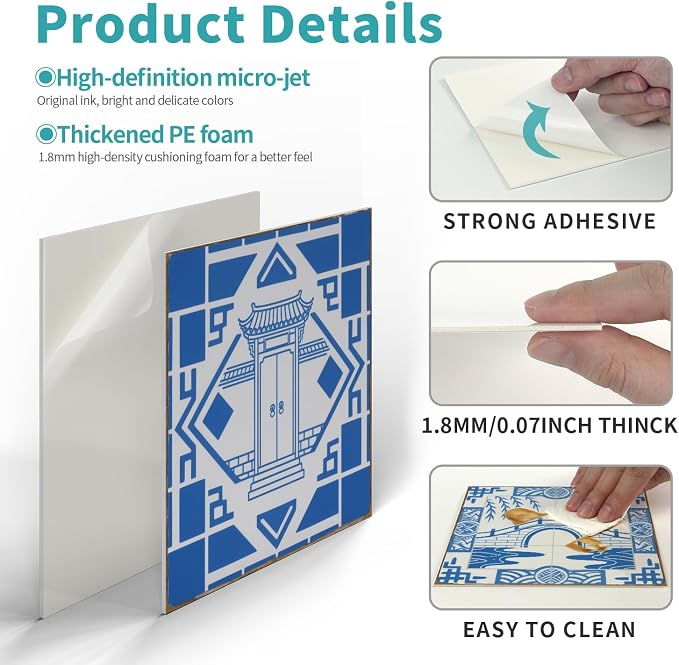 Easy Peel Stick wall Tile Stickers 6x6in Stick on backsplash Tiles,12Pcs | removable blue3D tile for kitchen RV bathroom laundry backsplash decor,Ultra-high-definition printed pogada pattern
