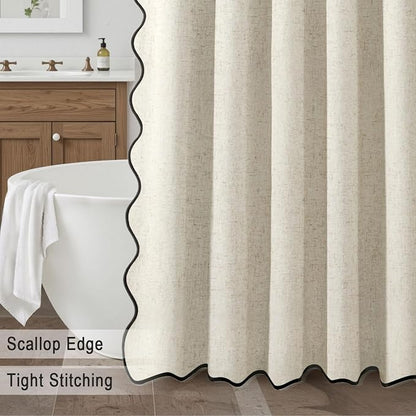 Scalloped Shower Curtain Linen Boho Flax Cream 72" W x 90" L | Linen Fabric, Black Border, Washable, Heavy Duty Cloth, Shower Curtain for Boho Farmhouse Bathroom Bathtub
