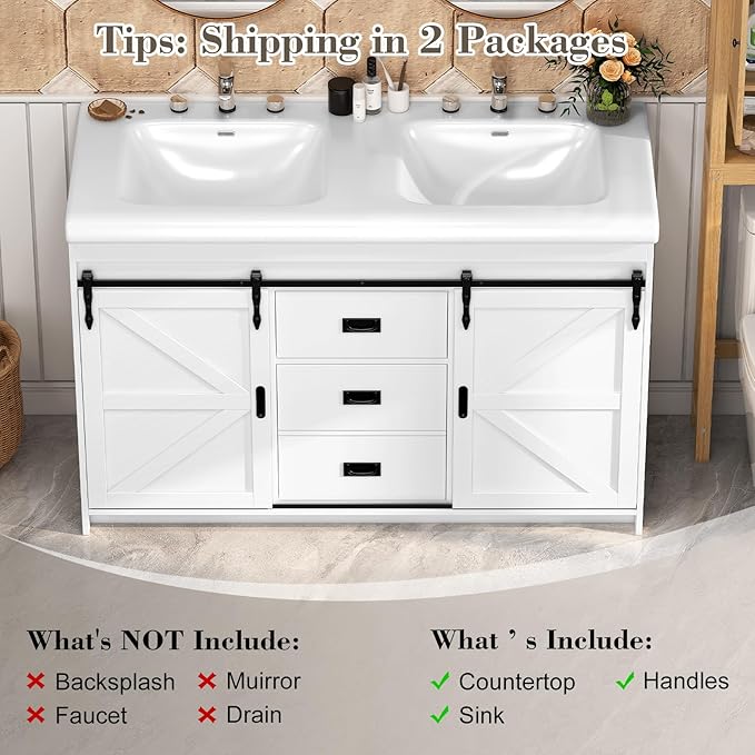 48 inch Bathroom Vanity with Sink,Double Bathroom Vanity with Sink Combo,Farmhouse Bathroom Vanity with 2 Sliding Doors&2 Drawer,White,48”*19.7“*35.5”
