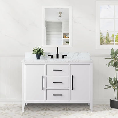 48 Inch Bathroom Vanity with Sink & Ceramic Top, Single Vanity Cabinet with Basin, Soft-Closing Doors & Matte Black Hardware, White