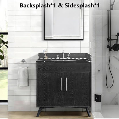 36 in. W x 22 in D Quartz Vanity Top in Black Marquina,with One Sidesplash & One Backsplash, Vanity Sink Top with Assembled Single Drop-in Sink, Pre-Drilled 8 Inch Faucet Hole Countertop