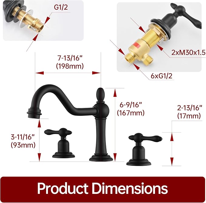 SUMERAIN Matte Black 8 inch Widespread Bathroom Sink Faucet | Vintage Style, 3 Holes, 2 Handle, 360°Swivel Spout