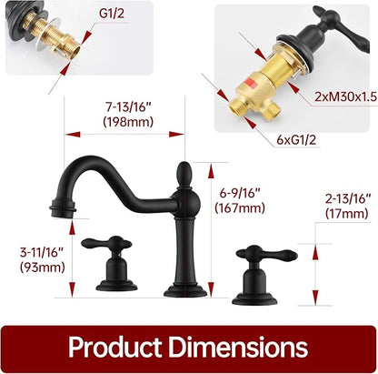 SUMERAIN Matte Black 8 inch Widespread Bathroom Sink Faucet | Vintage Style, 3 Holes, 2 Handle, 360°Swivel Spout