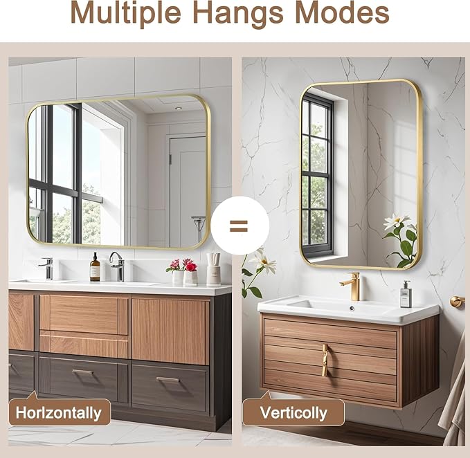 Brushed Gold Mirror, 48"x30" Rectangle Bathroom Mirror, Metal Frame Rectangle Corner Vanity Mirror, Wall Mounted Mirror for Modern, Living Room, Bedroom, Horizontal Or Vertical