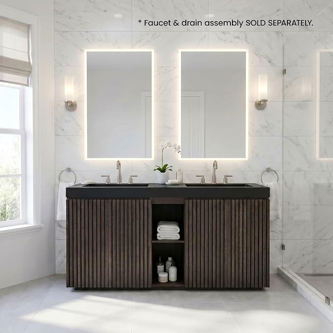 60" Double Bathroom Vanity with Sink (8" Widespread Faucet Holes Predrilled), Mid Century Modern Bathroom Cabinet with 4 Doors & Shelves, Matte Black Sink with Overflow, Smoked Oak