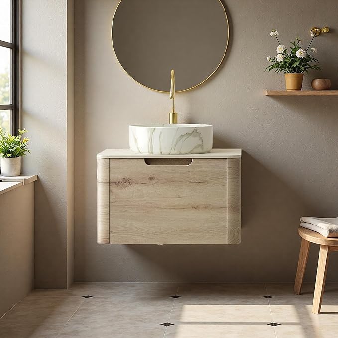 Bathroom Vanity with Sink, 24" Wall-Mounted Bathroom Storage Cabinet with Round Ceramic Basin & Soft-Close Undermount Drawer, Modern Pre-assembled Floating Vanity with Curved Design, White Oak