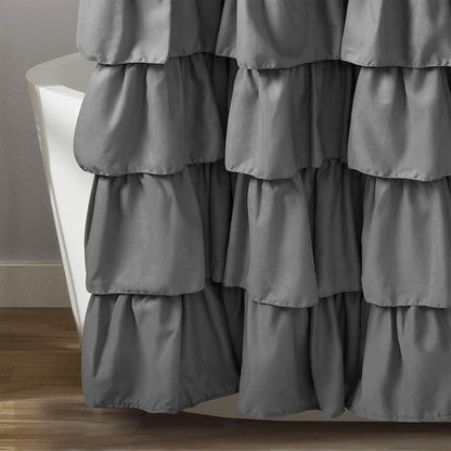 Seasonwood Farmhouse Shower Curtain Grey Shower Curtain with Button Bathroom Decor Black Buffalo Plaid Pattern with Fabric Ruffles Waterproof with 12 Hooks Washable Durable 72"x72"
