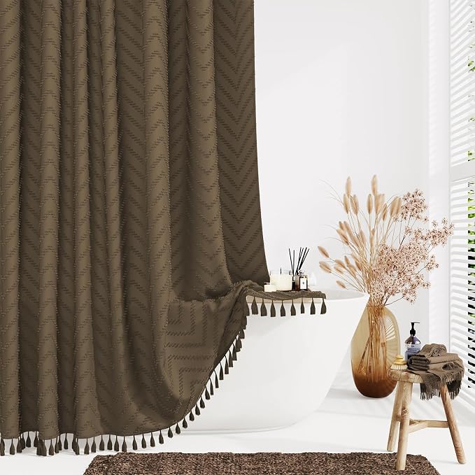 Extra Long Boho Shower Curtain Tufted Chevron 72"x96" Brown | 96 Inch Tall, Elegant Tassel, Lightweight Textured Fabric, Water Repellent, Washable, Hotel Spa, for Bathroom/Dorm 12 Hooks